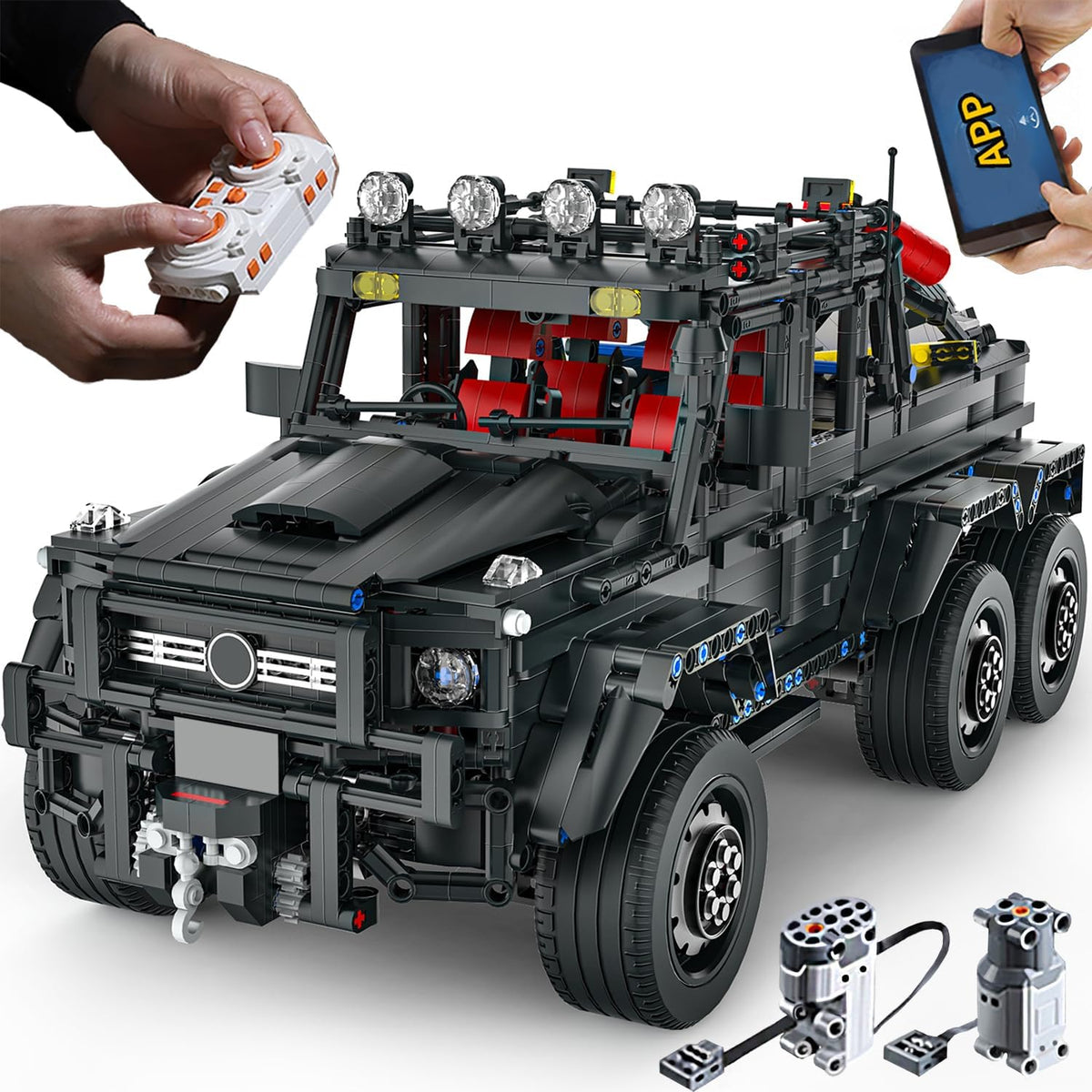 Black 1:8 scale off-road car brick model with large tires, suspension and rear lights – view 2