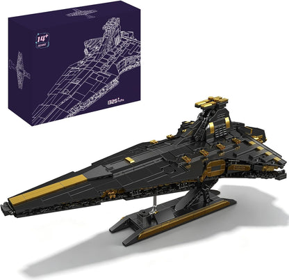 Brick-built gray wedge-shaped space attack cruiser on an elevated display stand