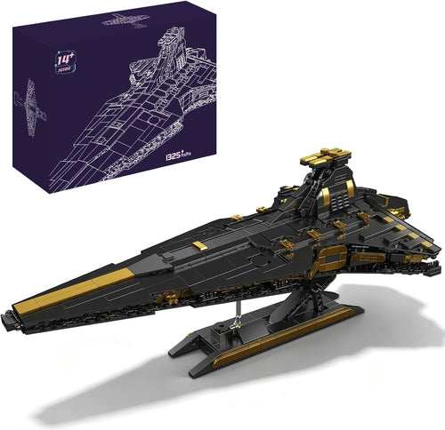 Brick-built gray wedge-shaped space attack cruiser on an elevated display stand