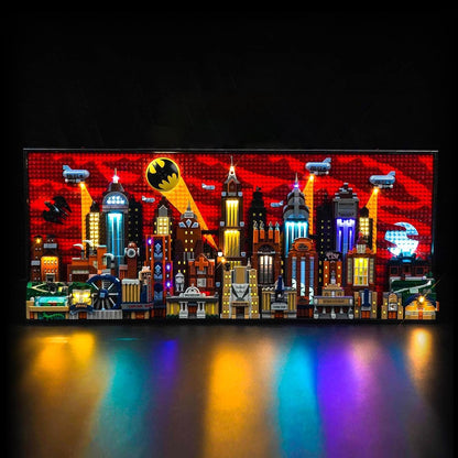 LED lights illuminating an animated superhero skyline brick model – view 3