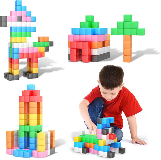 Multicolor 1.2 inch magnetic cubes stacked into a small tower and figure