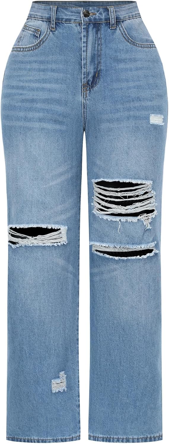 Women's High Waisted Wide Leg Jeans - Distressed Stretch Denim in Fourteen Washes for Casual Days - 2
