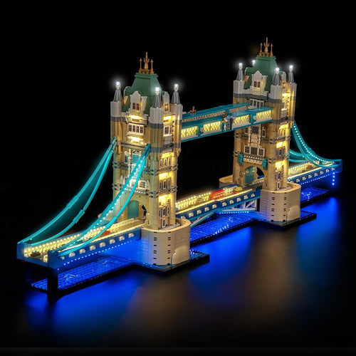Tower Bridge brick model lit with LED lights on its towers