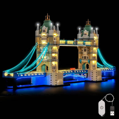 Tower Bridge brick model lit with LED lights along towers and walkways