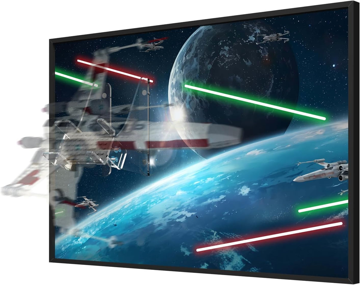 Acrylic wall frame with asteroid field backdrop holding a gray space fighter model – view 2