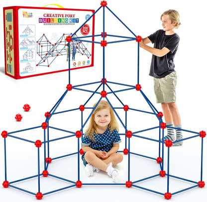 Child-sized fort made of rods and connector balls glowing green in a dark room – view 3