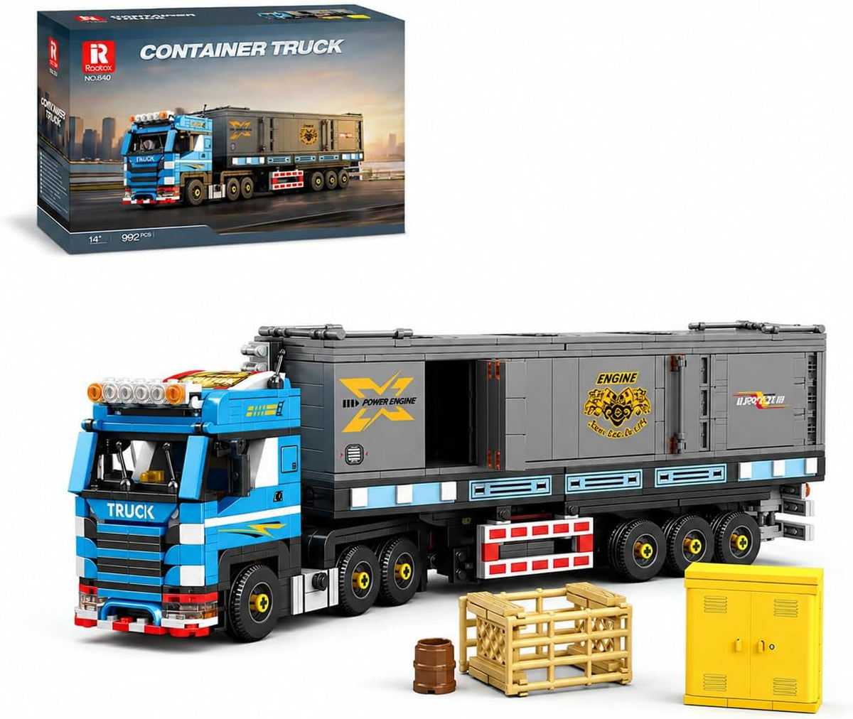 Brick-built container truck pulling a semi-trailer loaded with a cargo container