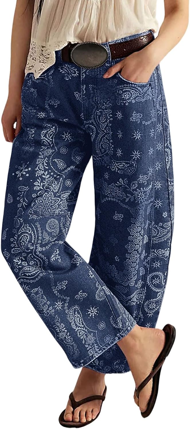 Women's Floral Print Barrel Jeans - Mid Rise Baggy Wide Leg Ankle Denim with Patchwork Detail - Small