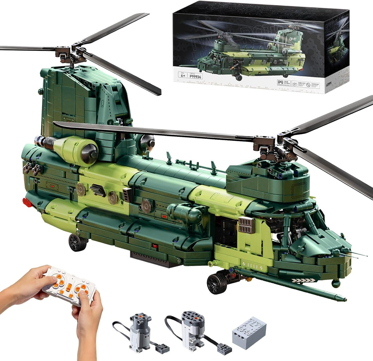 Green twin-rotor military transport helicopter brick model with open rear cargo ramp – view 2