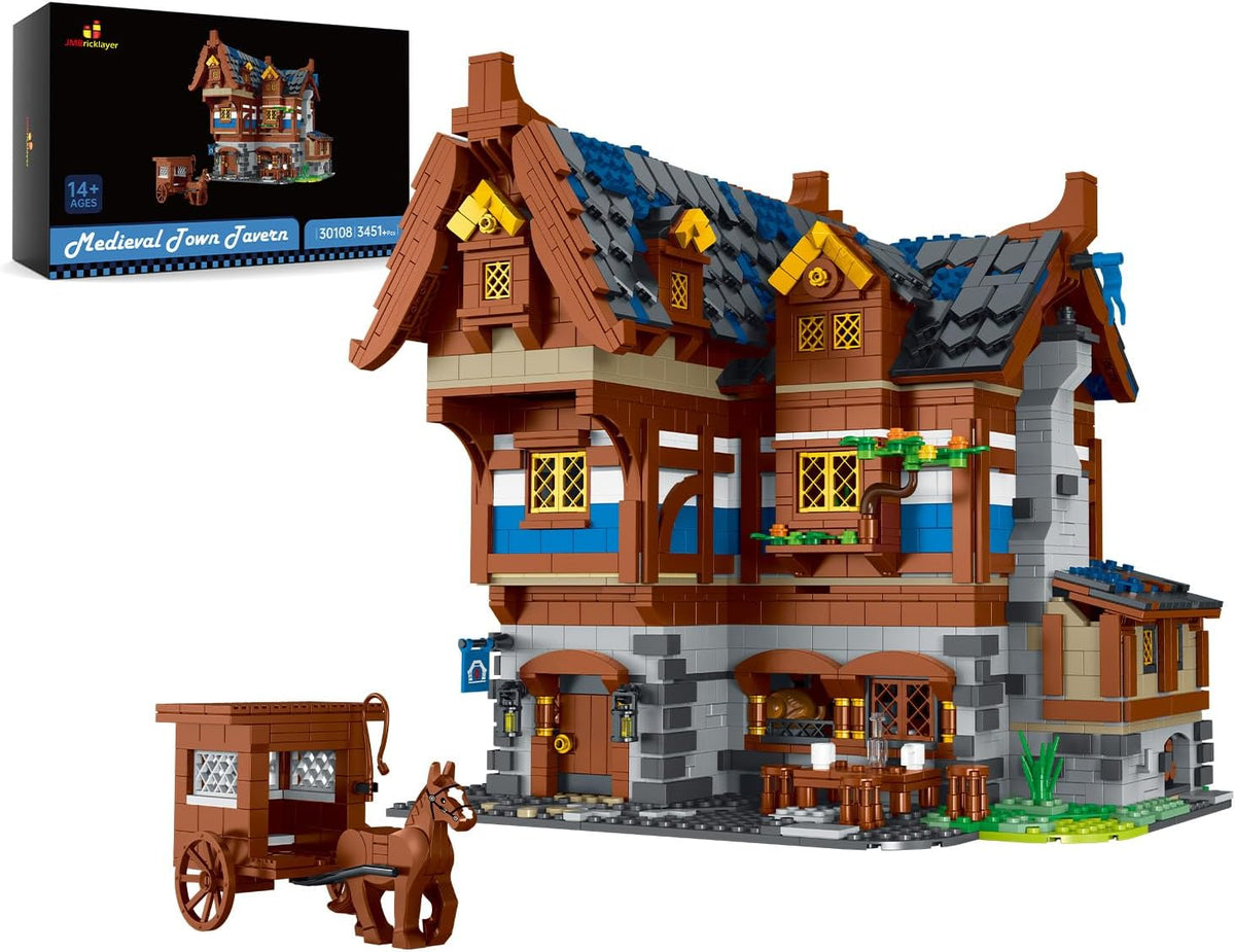 Brick-built medieval tavern house on a display base