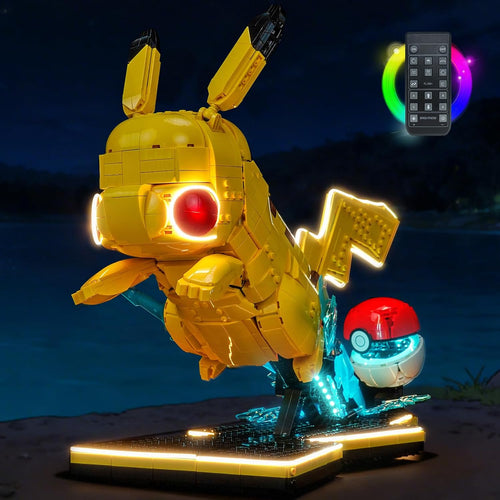 LED light kit glowing inside a yellow creature and red-white ball brick model
