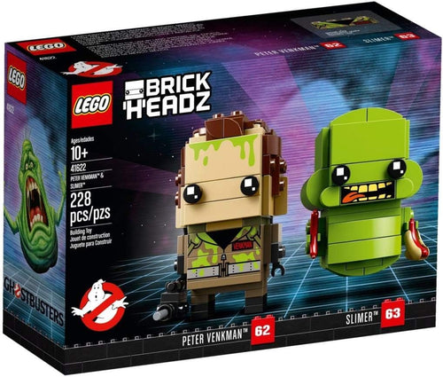 Two blocky brick figures: ghost hunter with backpack gear and green ghost with hot dogs