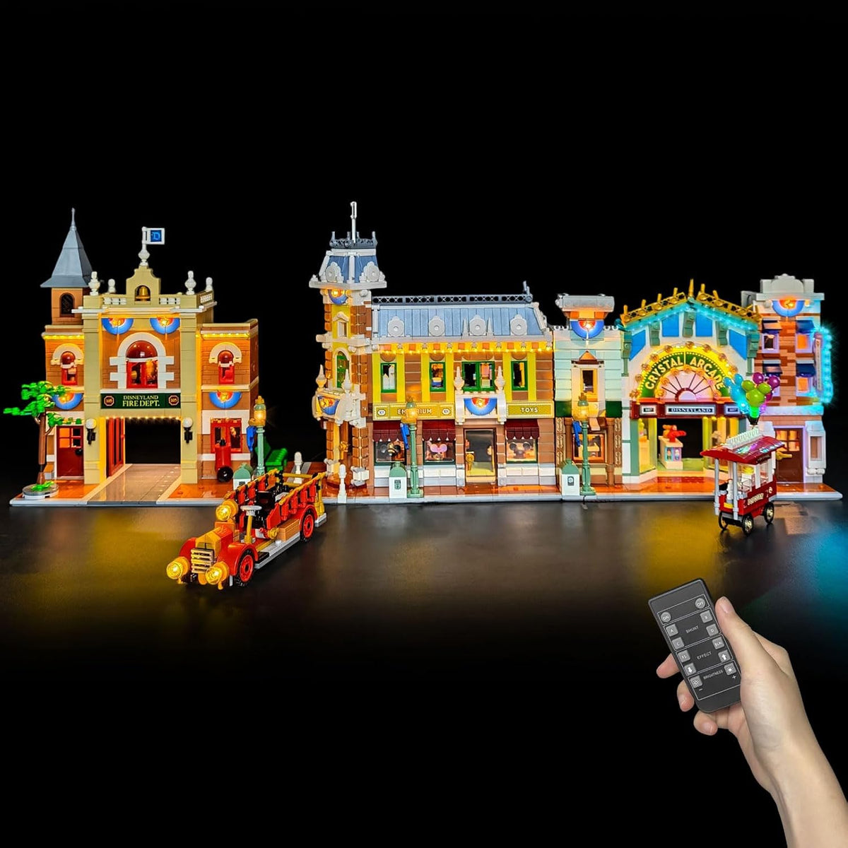 Brick-built vintage town street storefronts lit by warm LED lights – view 2