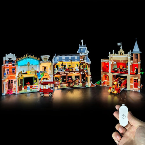 Brick-built vintage town street storefronts lit by warm LED lights