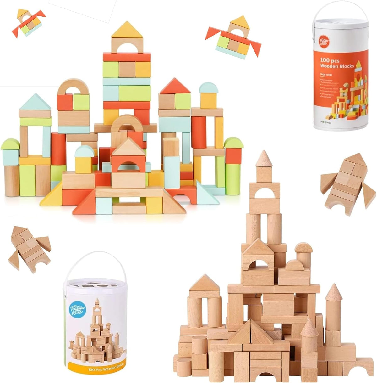 Natural beech wooden blocks in a storage bucket with shape sorter lid
