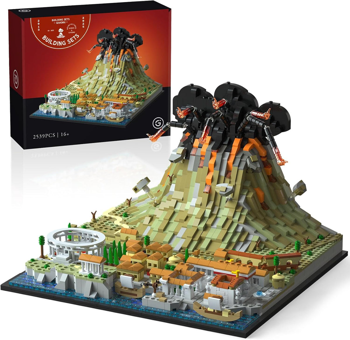 Brick model of ancient Pompeii ruins with a volcano in the background