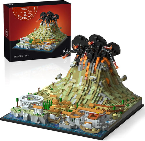 Brick model of ancient Pompeii ruins with a volcano in the background