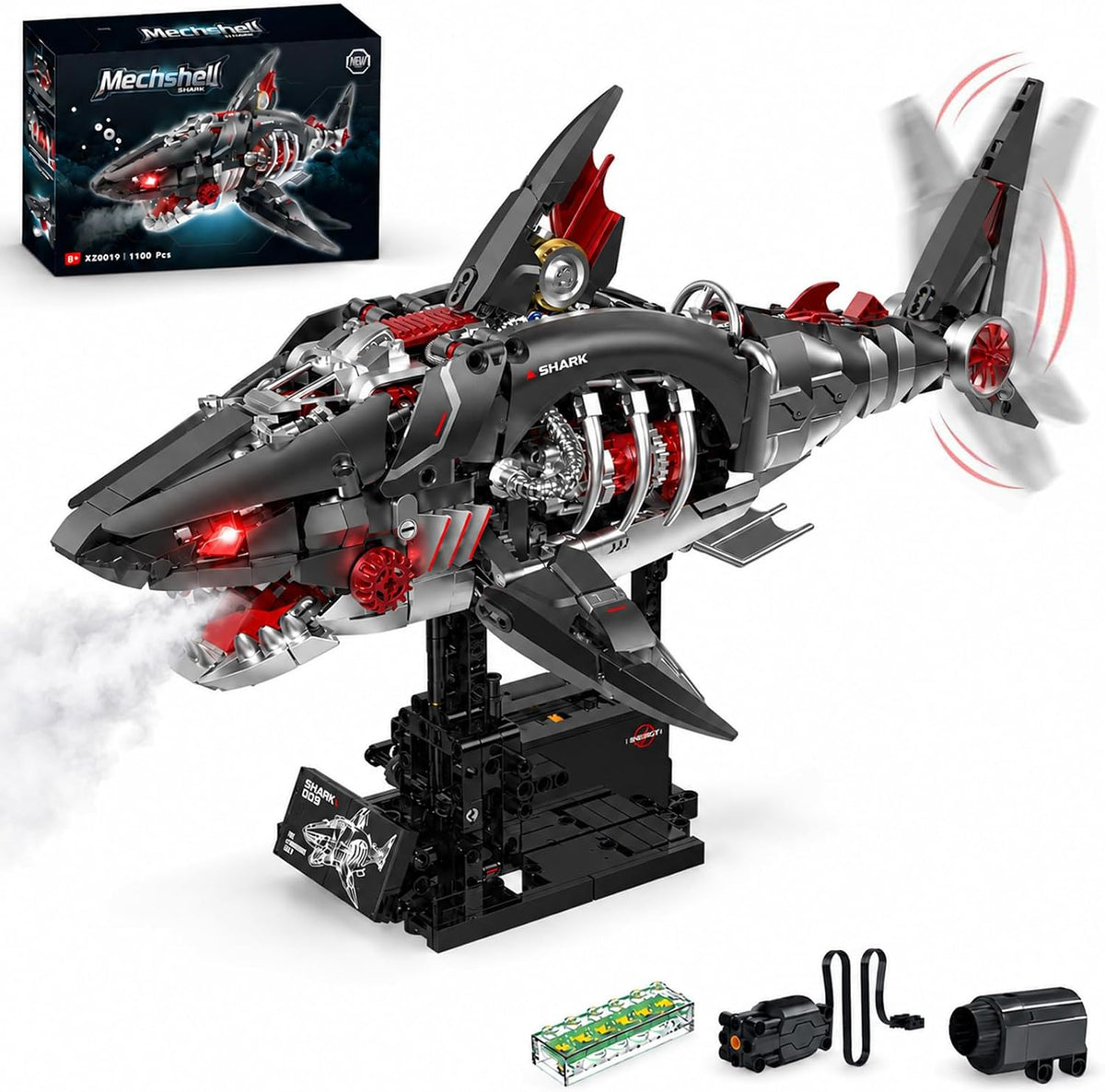 Brick-built mechanical shark model with LED lights