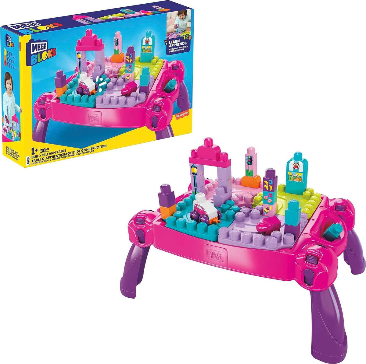 Pink toddler building table with big colorful blocks