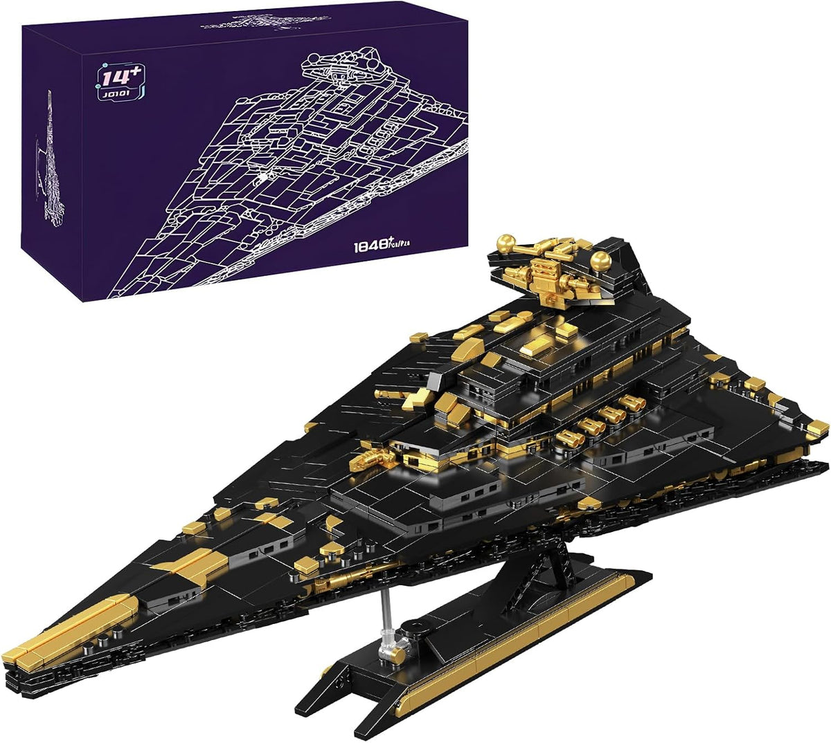 Brick-built gray wedge-shaped space attack cruiser on an elevated display stand – view 2