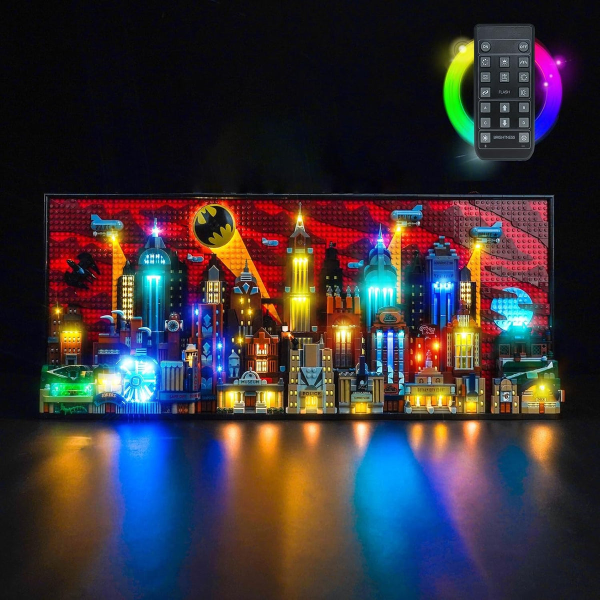 LED lights illuminating an animated superhero skyline brick model