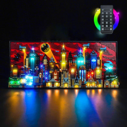 LED lights illuminating an animated superhero skyline brick model