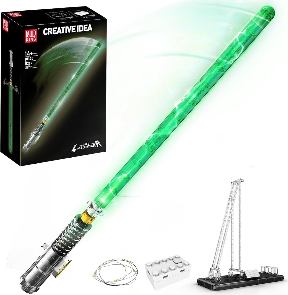 Brick-built light sword with glowing LED blade on a holder rack – view 4