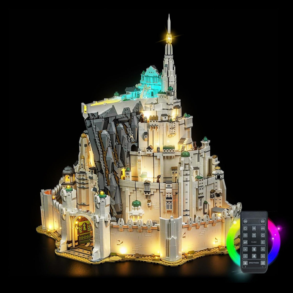 Tiered white fantasy citadel brick model lit with LED lights – view 2