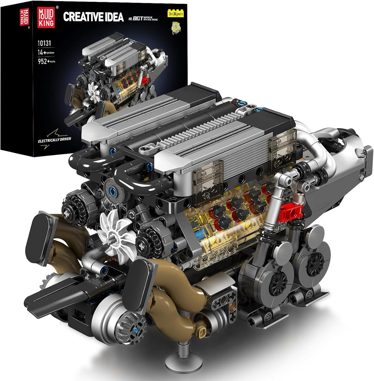 Brick-built 16-cylinder engine model with visible pistons and electric drive