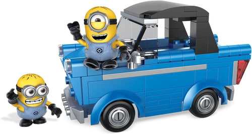 Brick-built blue convertible car towing a glider with two small yellow buildable figures