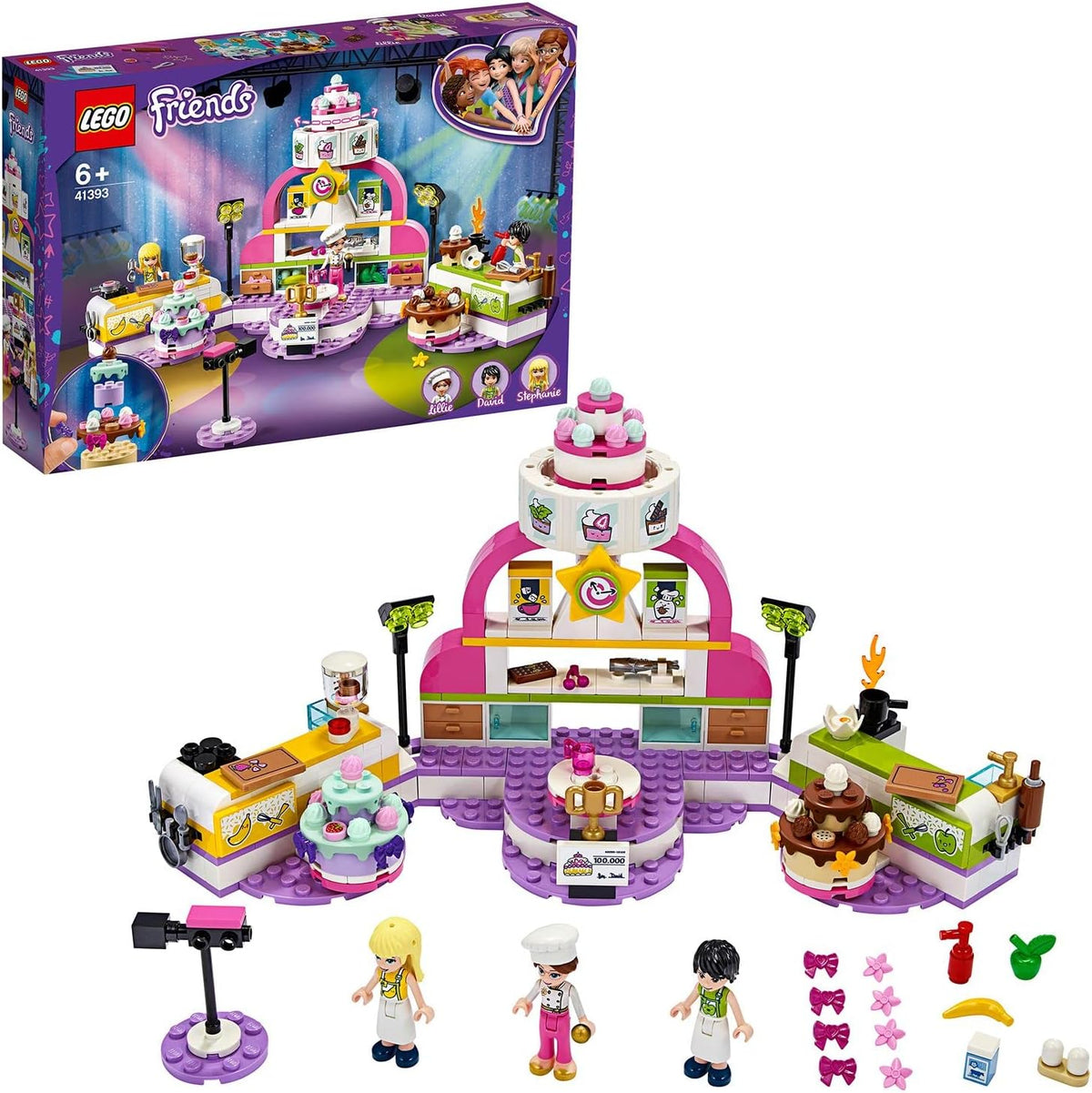 Brick baking station with colorful toy cakes, cupcakes and a mini-doll baker