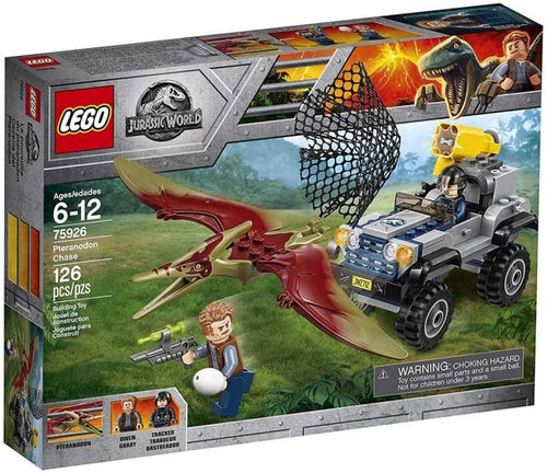 Built offroader with net shooter chasing a flying reptile dinosaur figure