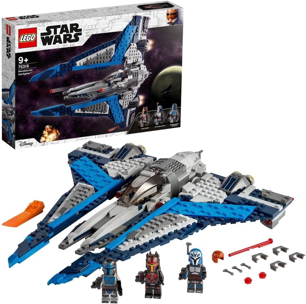 Brick-built space starfighter with three armored warrior figures wearing jet packs