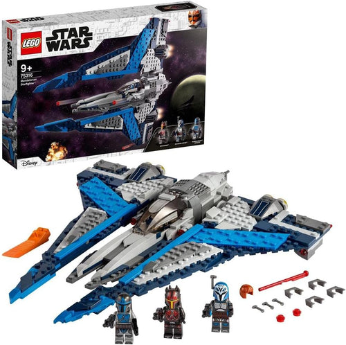 Brick-built space starfighter with three armored warrior figures wearing jet packs