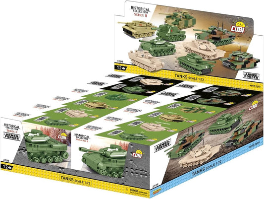 Row of twelve small brick-built military tanks at 1:72 scale
