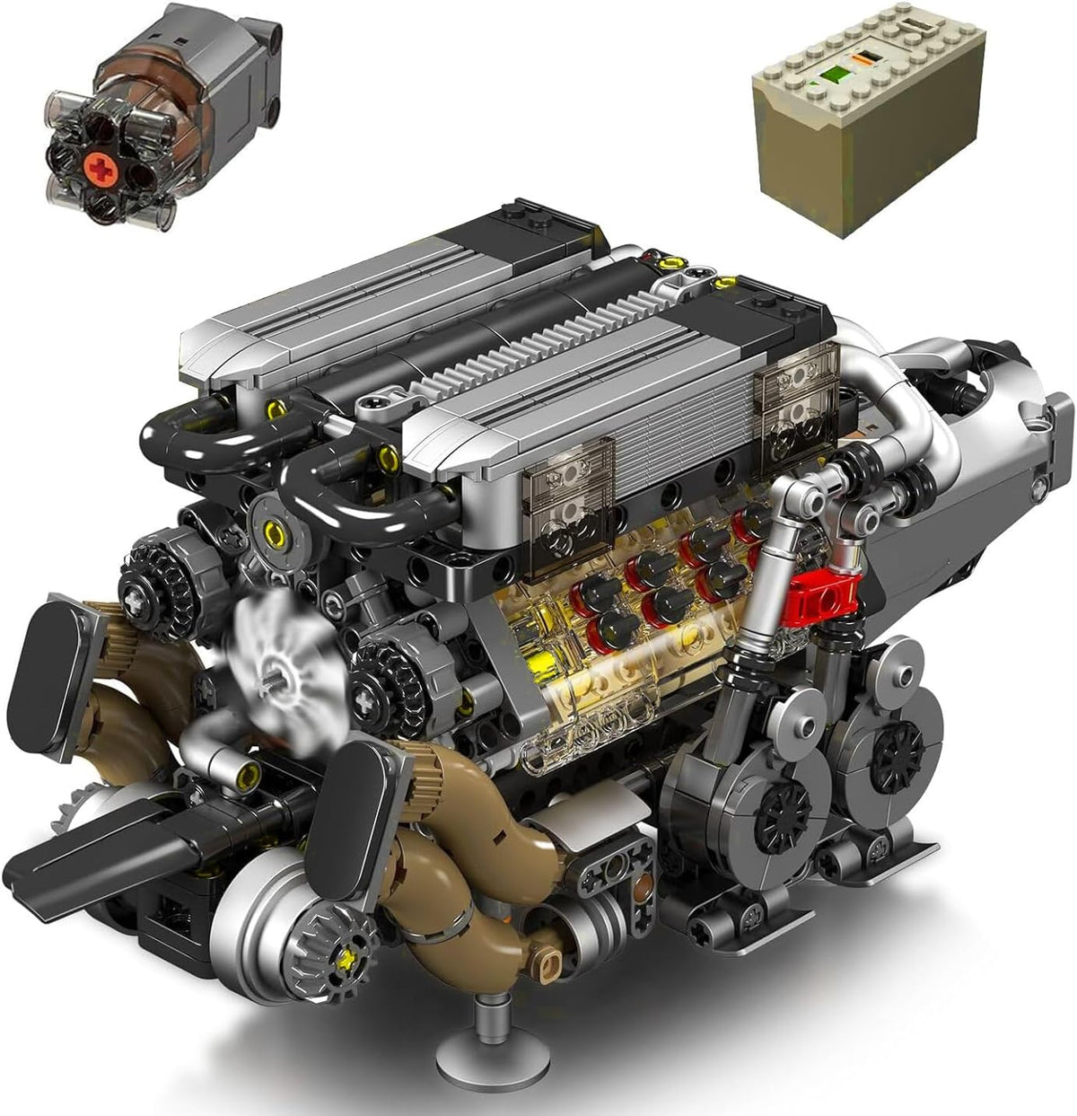Built W16 engine model with transparent cylinder heads and four turbochargers