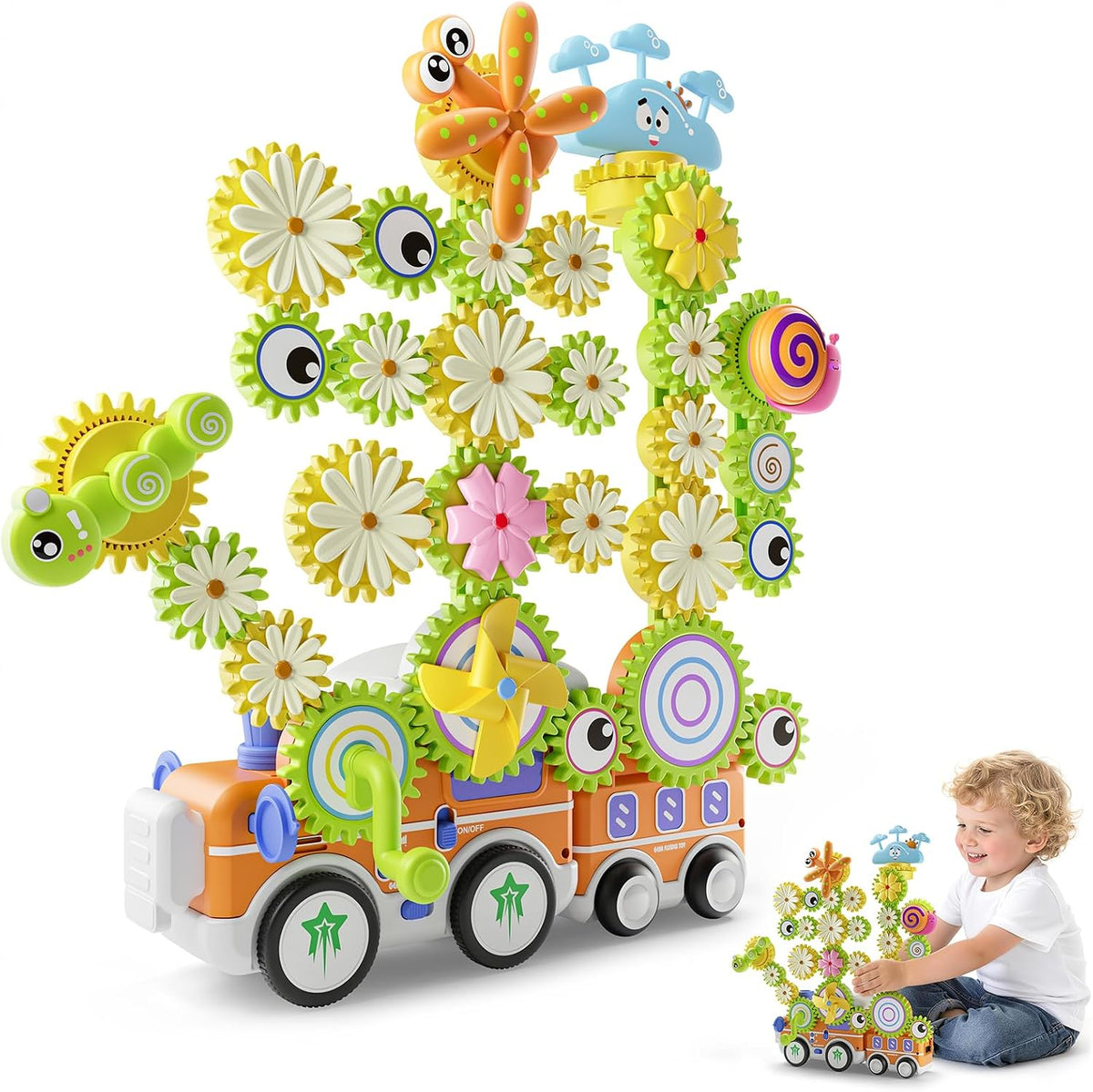 Colorful plastic gear building set forming a flower and a train – view 6