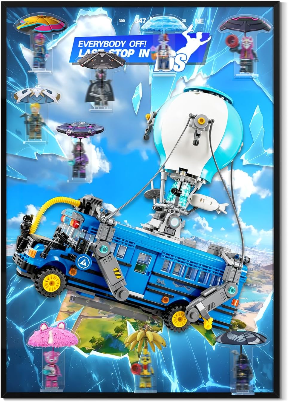 Clear acrylic wall board holding a blue brick-built flying bus with balloon