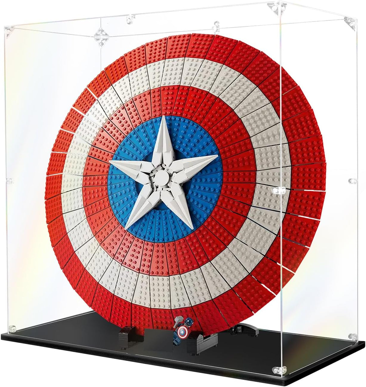 Clear acrylic display box holding a round superhero shield brick model