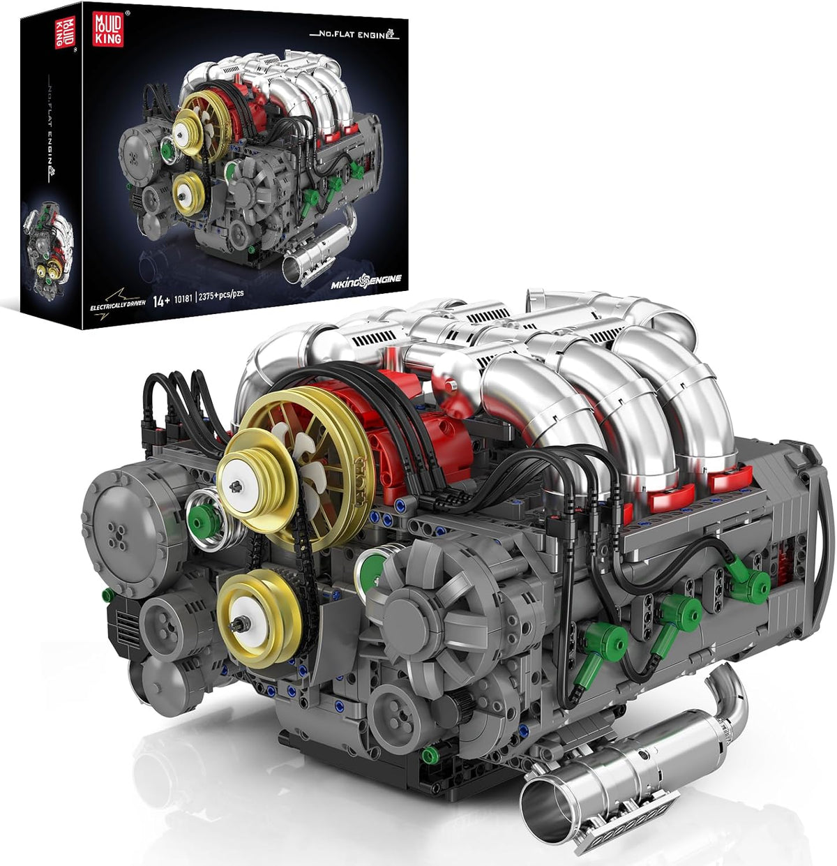 Built flat-six boxer engine brick model with exposed pistons and battery box