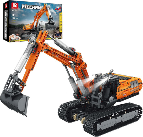 Motorized brick excavator with raised arm, bucket and rotating cab