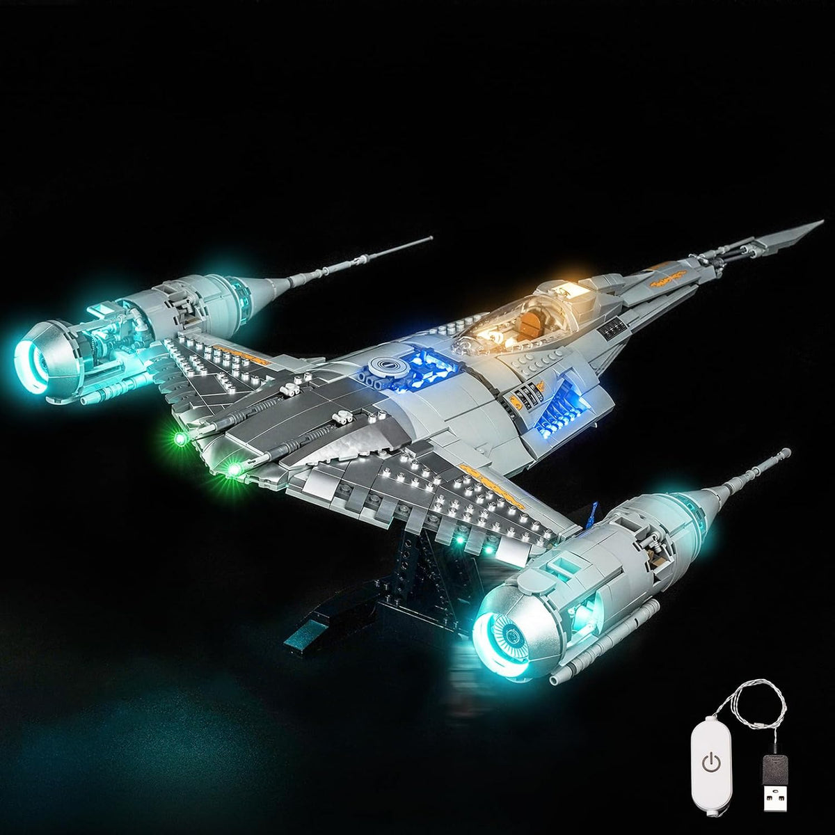 Chrome single-seat starfighter brick model lit with LED lights – view 2