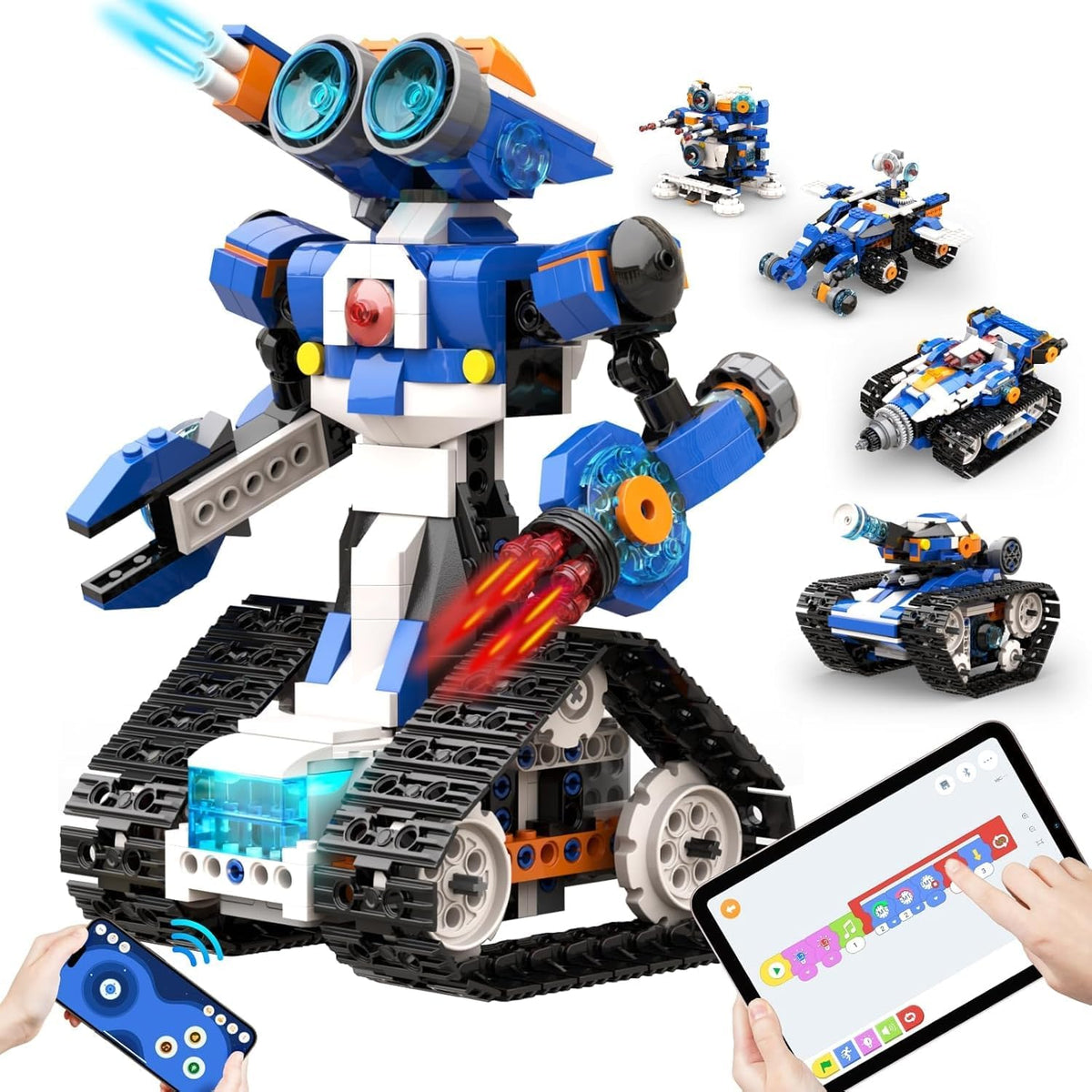 Assembled coding robot built from a 6-in-1 STEM kit with tablet app