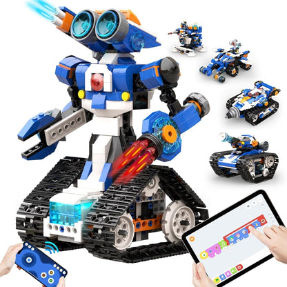 Assembled coding robot built from a 6-in-1 STEM kit with tablet app