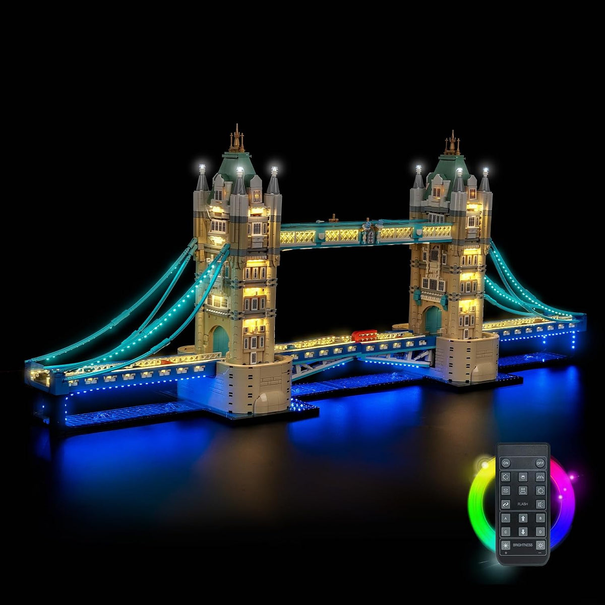 Tower Bridge brick model lit with LED lights on its towers – view 2