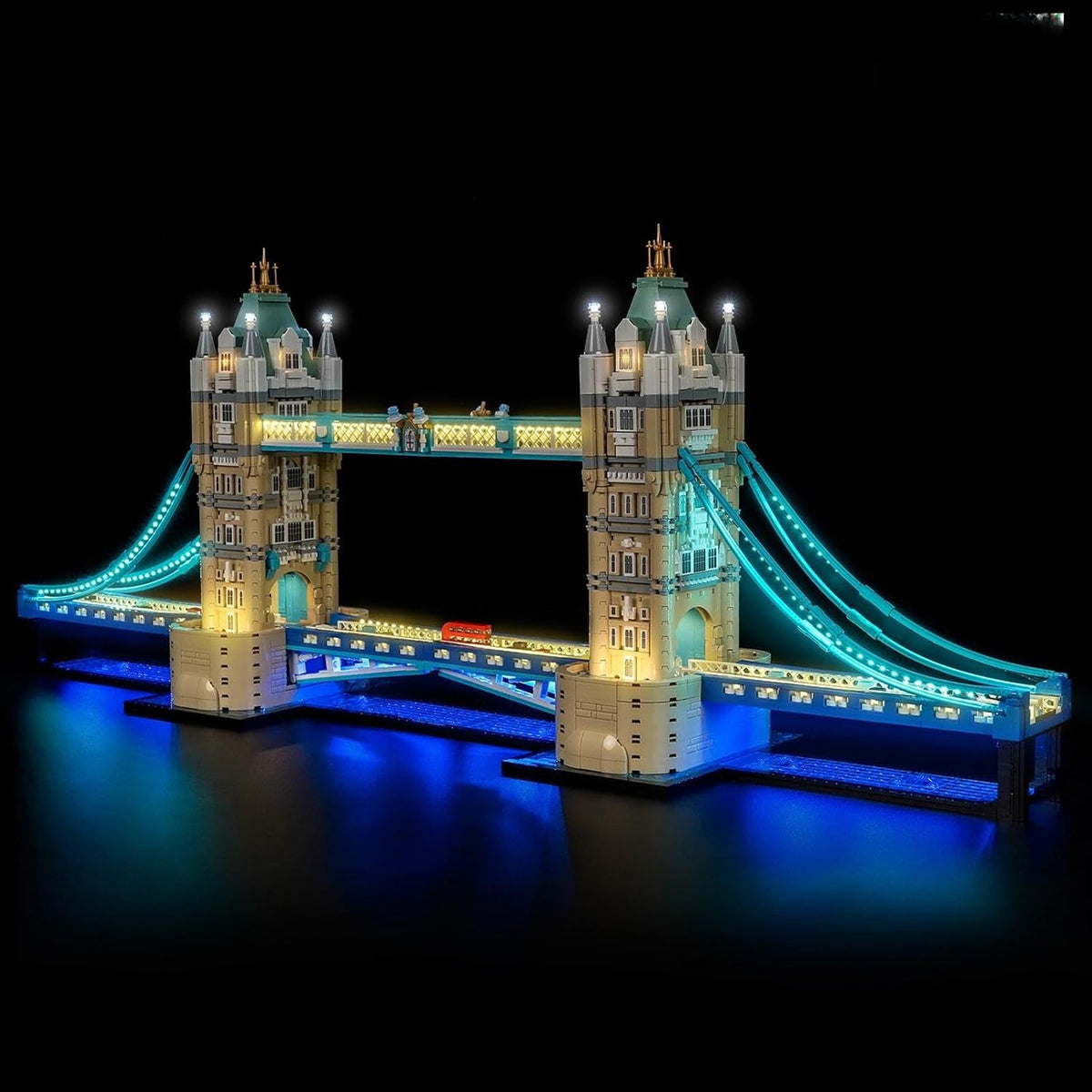 London Tower Bridge brick model lit with bright LED lights along towers and walkways