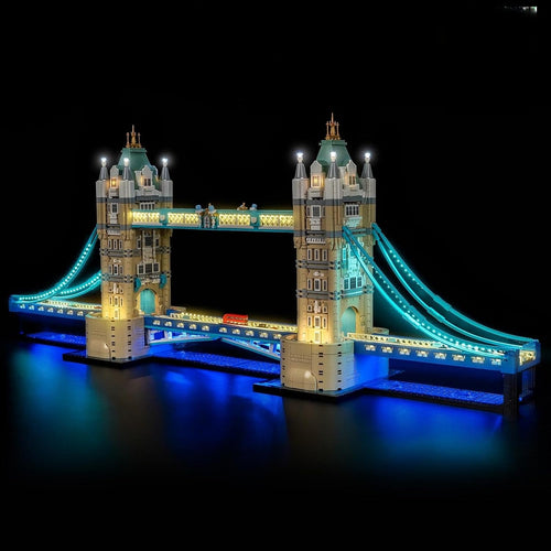 London Tower Bridge brick model lit with bright LED lights along towers and walkways