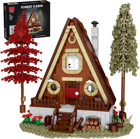 Built A-frame forest cabin brick model with pine trees and warm LED lighting