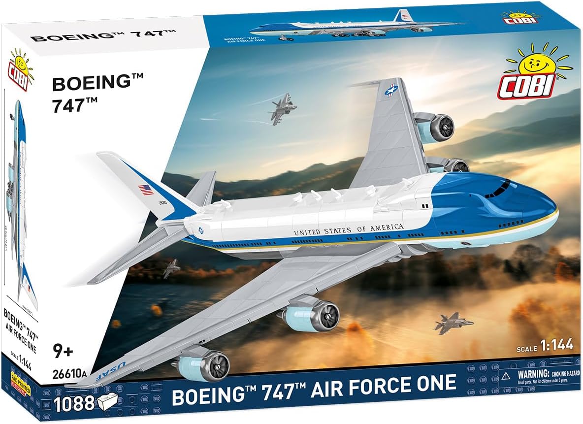 Brick-built presidential jumbo jet model with rotating engine turbines