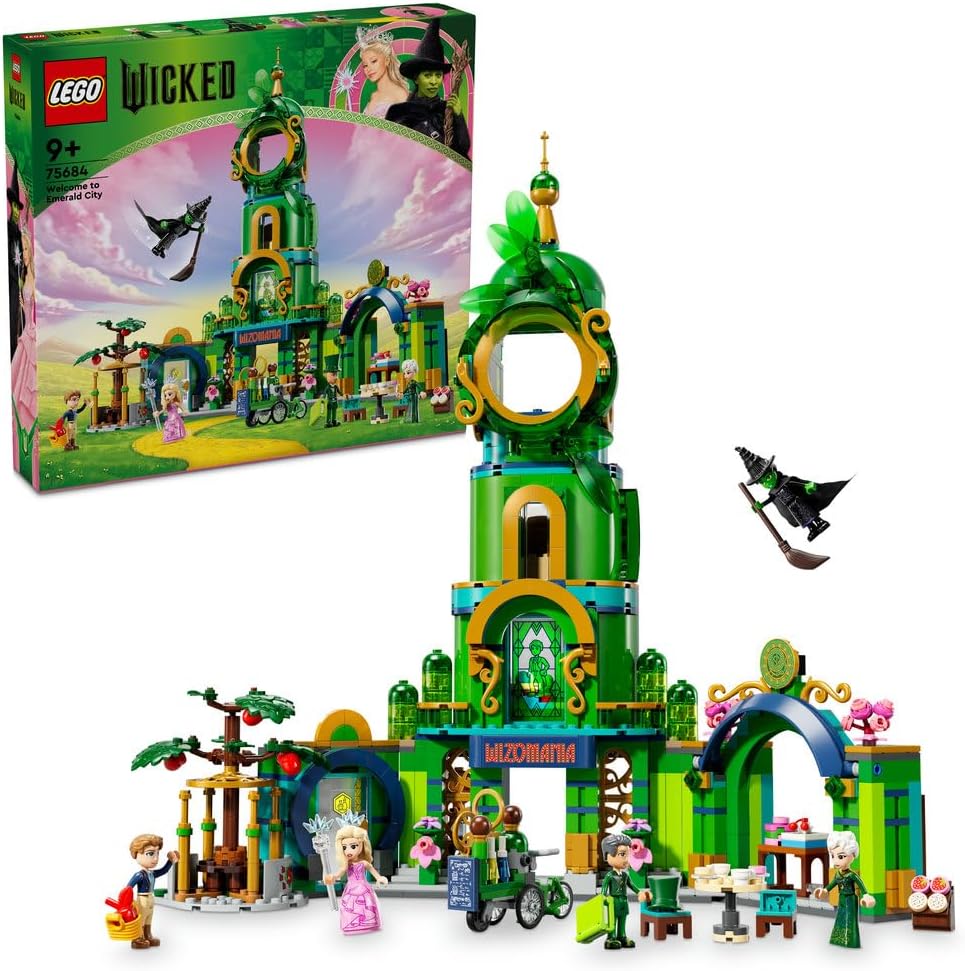 Green brick-built three-story magical tower with shops and five mini-doll characters